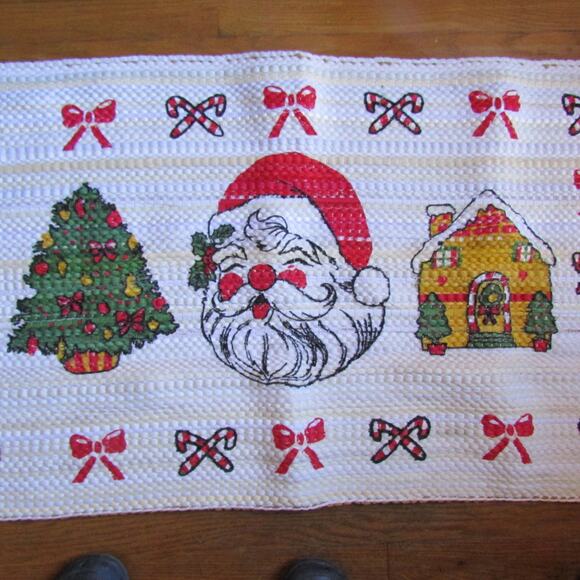 Christmas Rag Rug Screen Printed Santa Tree Cottage 24 x 45 USA New with Tag - Picture 1 of 6